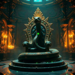 A majestic serpent's throne, embellished with intricate gold and emeralds, set in an opulent ancient chamber