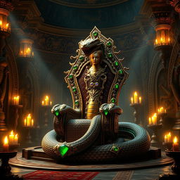 A majestic serpent's throne, embellished with intricate gold and emeralds, set in an opulent ancient chamber