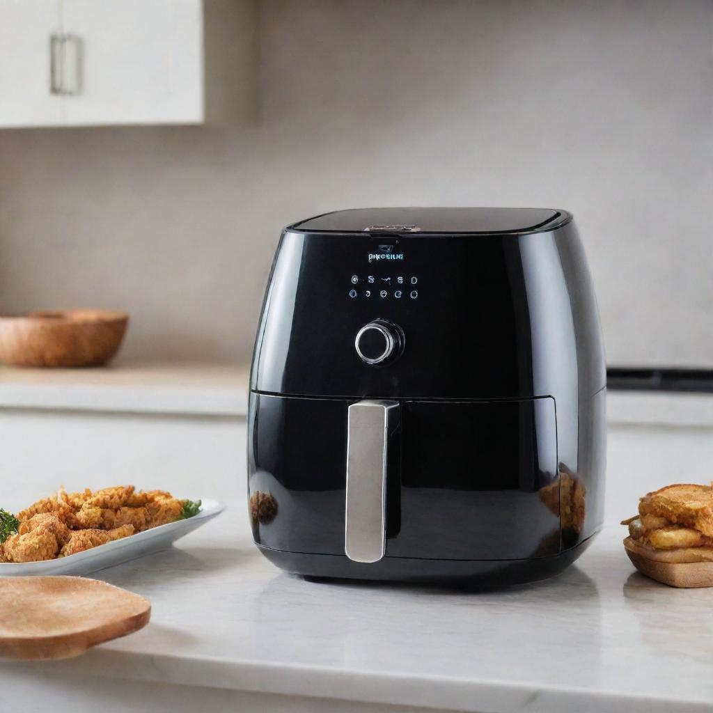 A modern, sleek air fryer with a digital touch interface, sitting on a clean kitchen counter.