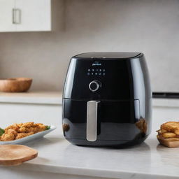 A modern, sleek air fryer with a digital touch interface, sitting on a clean kitchen counter.