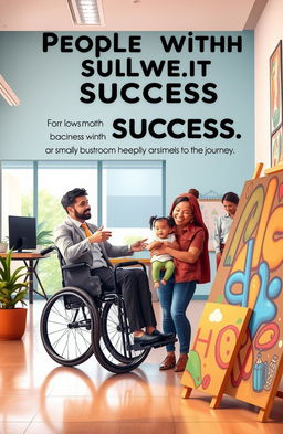 A motivational scene illustrating the journey of people with disabilities (PWDs) and those from low-income backgrounds achieving success