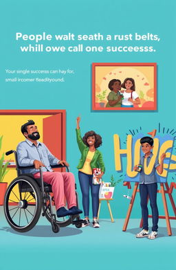 A motivational scene illustrating the journey of people with disabilities (PWDs) and those from low-income backgrounds achieving success