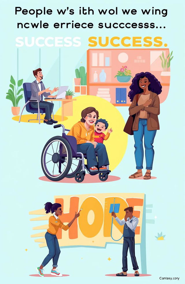 A motivational scene illustrating the journey of people with disabilities (PWDs) and those from low-income backgrounds achieving success