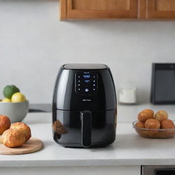 A modern, sleek air fryer with a digital touch interface, sitting on a clean kitchen counter.