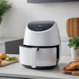 A modern, sleek air fryer with a digital touch interface, sitting on a clean kitchen counter.