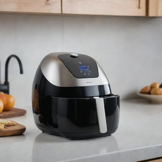 A modern, sleek air fryer with a digital touch interface, sitting on a clean kitchen counter.