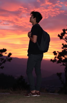 A young man, casually dressed as a student, standing on a scenic hilltop, gazing at a vibrant sunset