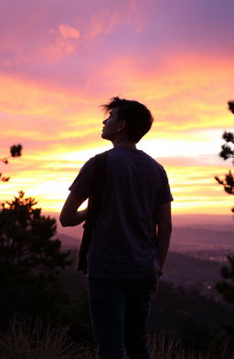 A young man, casually dressed as a student, standing on a scenic hilltop, gazing at a vibrant sunset