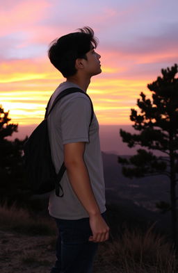 A young man, casually dressed as a student, standing on a scenic hilltop, gazing at a vibrant sunset