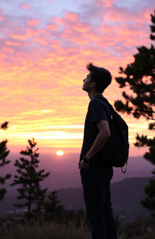 A young man, casually dressed as a student, standing on a scenic hilltop, gazing at a vibrant sunset