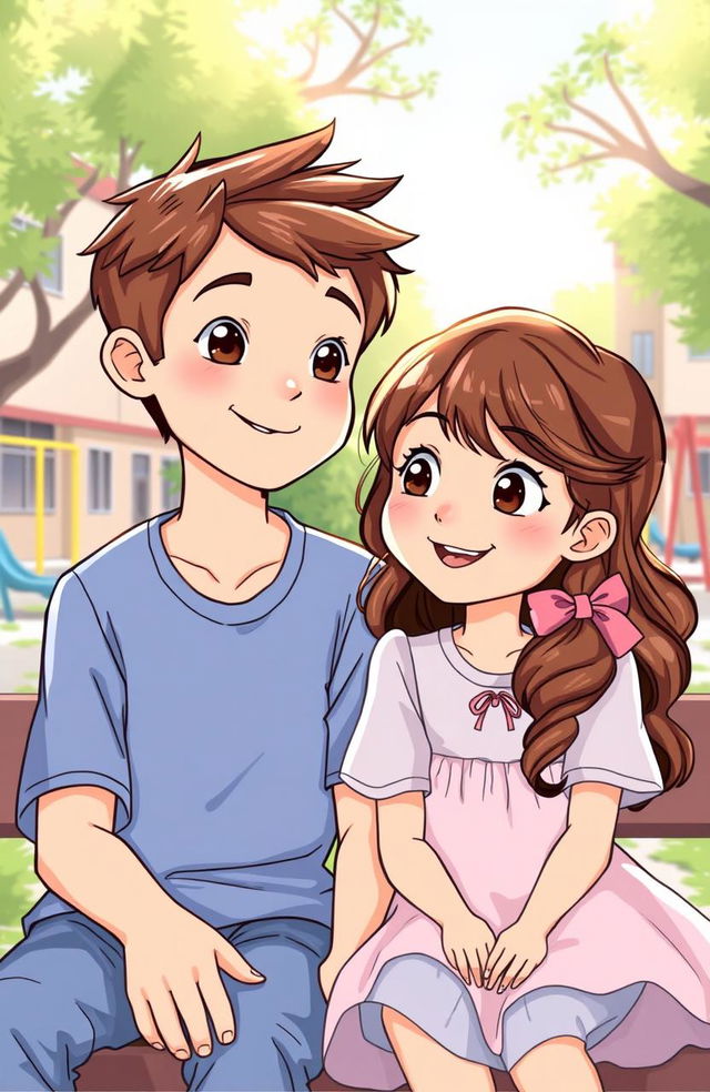 A heartwarming illustration of two young classmates, a girl and a boy, sitting together in a sunlit schoolyard during break time