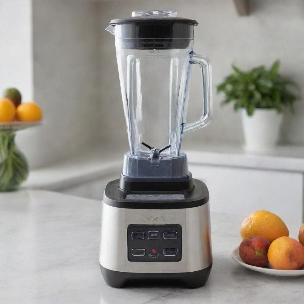 An advanced blender with multiple speed controls and a glass jar, located on a marble kitchen countertop.