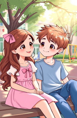 A heartwarming illustration of two young classmates, a girl and a boy, sitting together in a sunlit schoolyard during break time