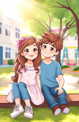 A heartwarming illustration of two young classmates, a girl and a boy, sitting together in a sunlit schoolyard during break time