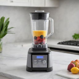 An advanced blender with multiple speed controls and a glass jar, located on a marble kitchen countertop.