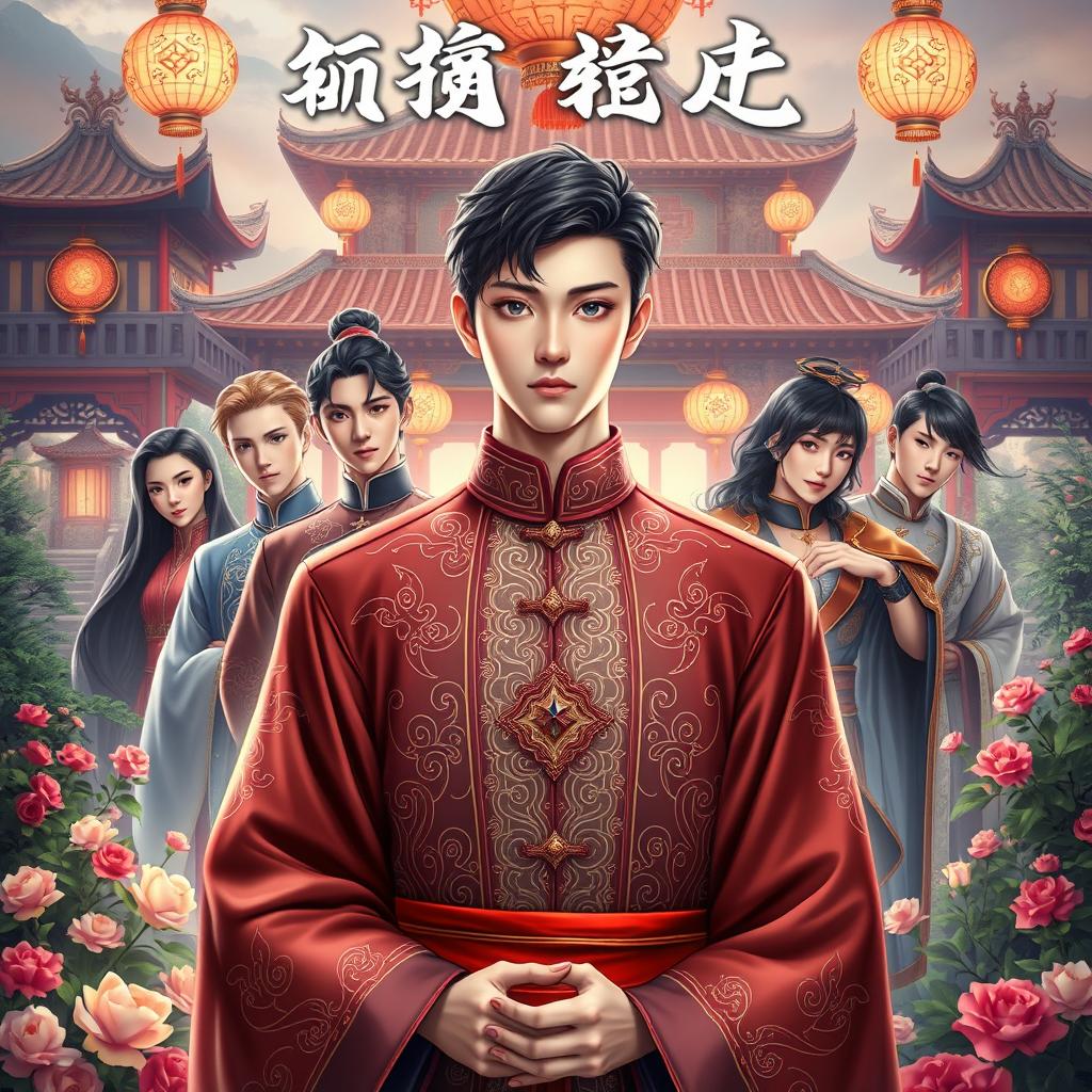 A captivating book cover for the novel "Serpent of Desire", which explores a fantasy boy's love harem set in a grand Chinese royal theme