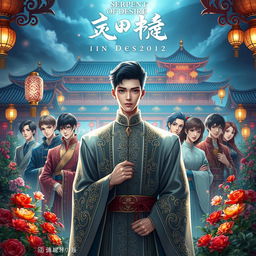 A captivating book cover for the novel "Serpent of Desire", which explores a fantasy boy's love harem set in a grand Chinese royal theme