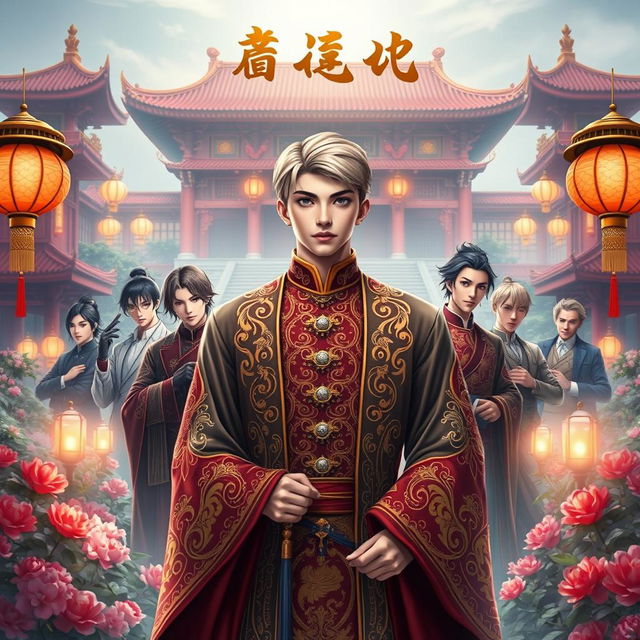 A captivating book cover for the novel "Serpent of Desire", which explores a fantasy boy's love harem set in a grand Chinese royal theme