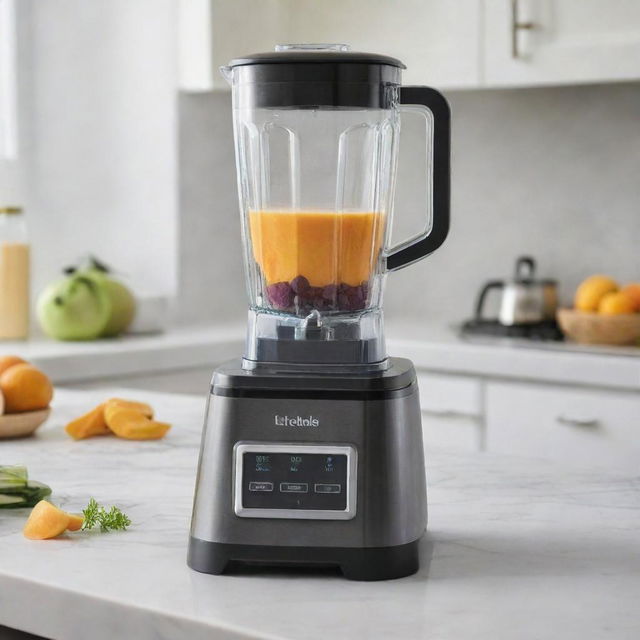 An advanced blender with multiple speed controls and a glass jar, located on a marble kitchen countertop.