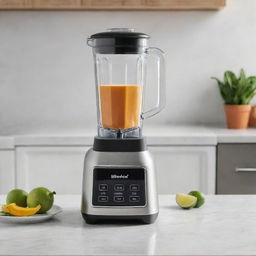 An advanced blender with multiple speed controls and a glass jar, located on a marble kitchen countertop.