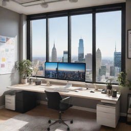 A modern office space with sleek furniture, large windows revealing a city view, a variety of tech gadgets placed neatly on the desk, warm lighting, and walls adorned with motivational posters