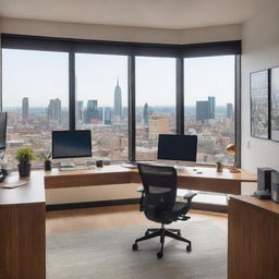 A modern office space with sleek furniture, large windows revealing a city view, a variety of tech gadgets placed neatly on the desk, warm lighting, and walls adorned with motivational posters