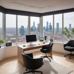 A modern office space with sleek furniture, large windows revealing a city view, a variety of tech gadgets placed neatly on the desk, warm lighting, and walls adorned with motivational posters