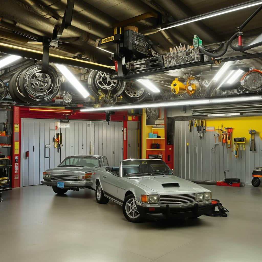 An interior view of a spacious home garage with various tools, a shiny car, and bright overhead lighting