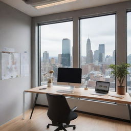 A modern office space with sleek furniture, large windows revealing a city view, a variety of tech gadgets placed neatly on the desk, warm lighting, and walls adorned with motivational posters