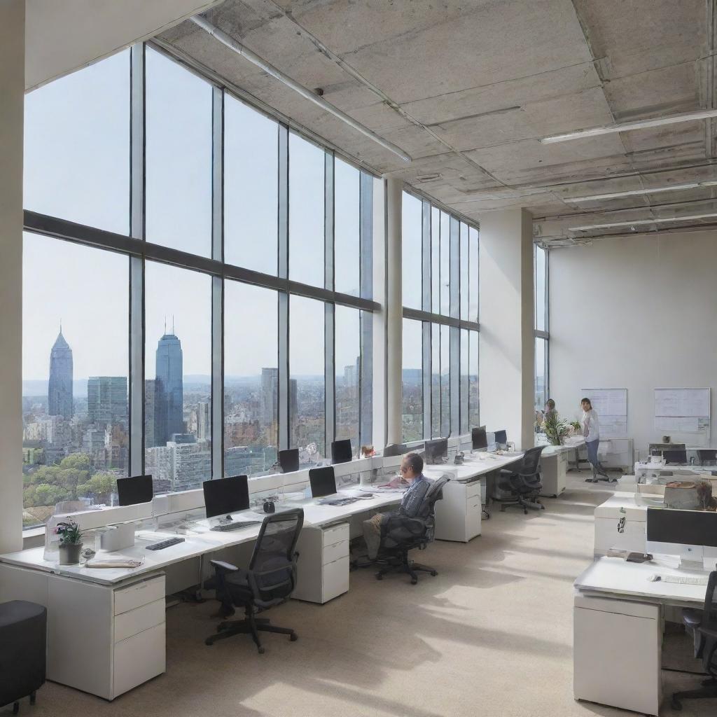 A spacious office bustling with workers, desks lined with computers, meetings in glass conference rooms, people collaborating at workstations, filled with natural light from windows overlooking the city