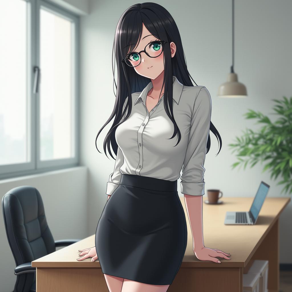 A 19-year-old female Japanese secretary with a curvy body type, medium breasts, and a big butt