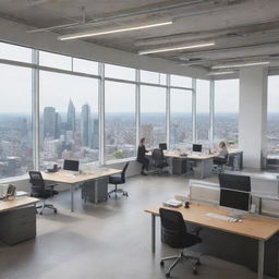 A spacious office bustling with workers, desks lined with computers, meetings in glass conference rooms, people collaborating at workstations, filled with natural light from windows overlooking the city