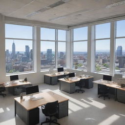 A spacious office bustling with workers, desks lined with computers, meetings in glass conference rooms, people collaborating at workstations, filled with natural light from windows overlooking the city