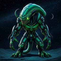 A menacing alien enemy, with an intricate design showcasing sharp, angular features and glowing eyes