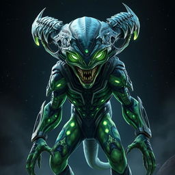 A menacing alien enemy, with an intricate design showcasing sharp, angular features and glowing eyes