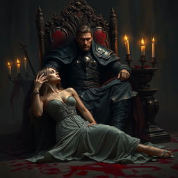 A handsome cold king sitting regally on a bloodied throne, adorned in dark, elegant armor with intricate details, a serious expression on his face