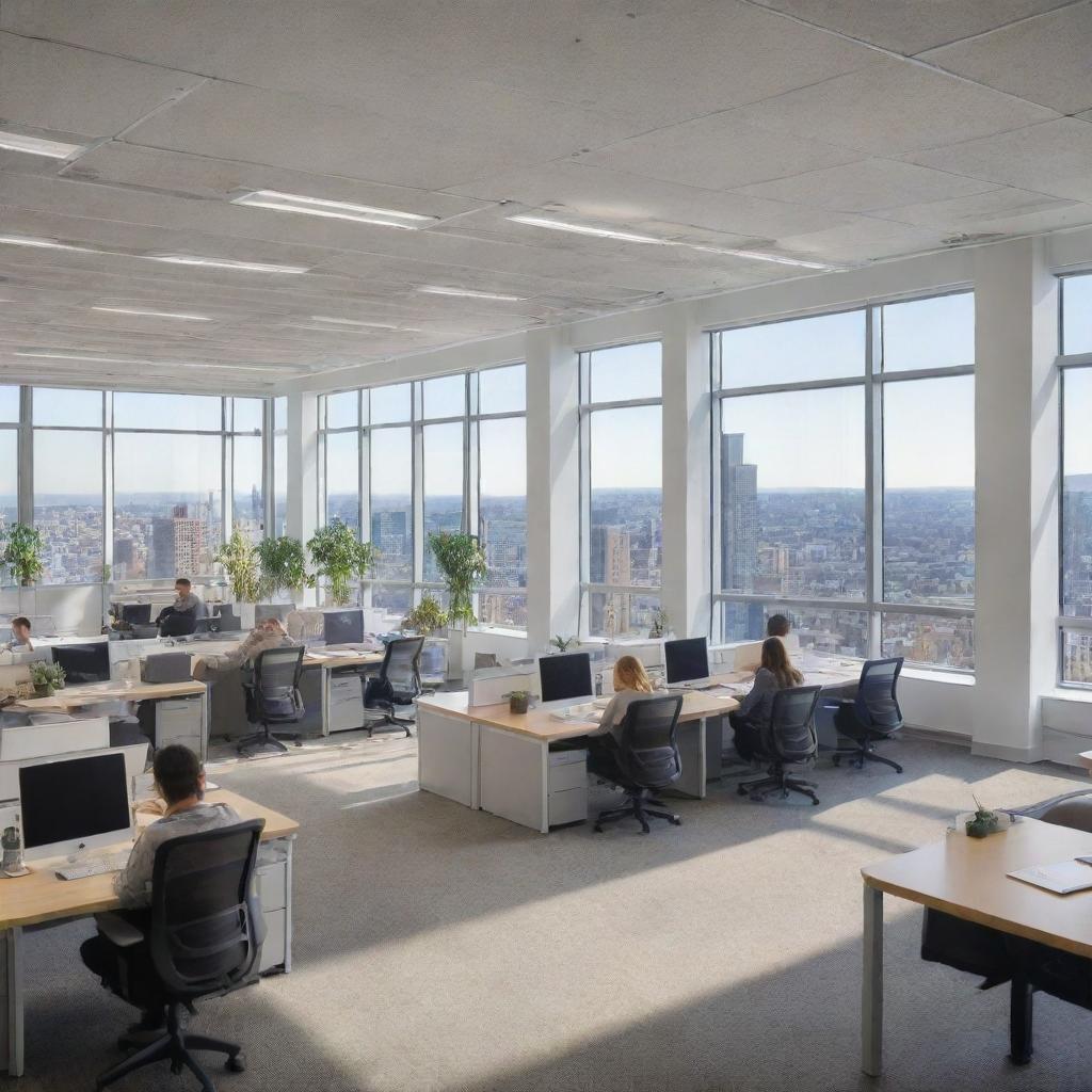 A spacious office bustling with workers, desks lined with computers, meetings in glass conference rooms, people collaborating at workstations, filled with natural light from windows overlooking the city