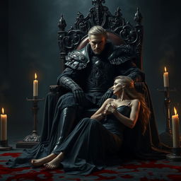 A handsome cold king sitting regally on a bloodied throne, adorned in dark, elegant armor with intricate details, a serious expression on his face