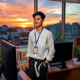 A young male teacher, dressed in a crisp white long-sleeved shirt and black pants, with long legs, standing confidently at a computer in a well-furnished office setting