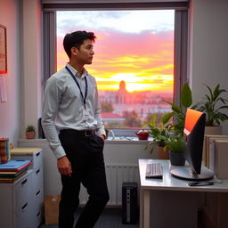 A young male teacher, dressed in a crisp white long-sleeved shirt and black pants, with long legs, standing confidently at a computer in a well-furnished office setting