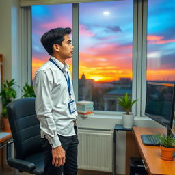 A young male teacher, dressed in a crisp white long-sleeved shirt and black pants, with long legs, standing confidently at a computer in a well-furnished office setting