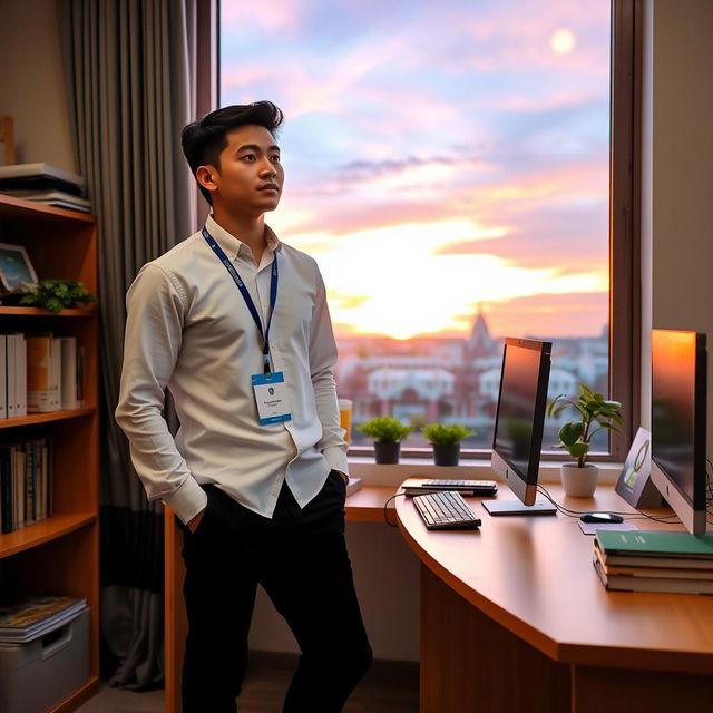 A young male teacher, dressed in a crisp white long-sleeved shirt and black pants, with long legs, standing confidently at a computer in a well-furnished office setting