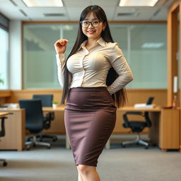 A 19-year-old female Japanese secretary with a curvy body type, featuring huge, big silicone breasts and a big ass