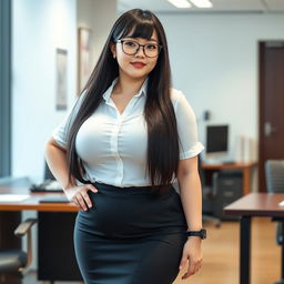 A 19-year-old female Japanese secretary with a curvy body type, featuring huge, big silicone breasts and a big ass
