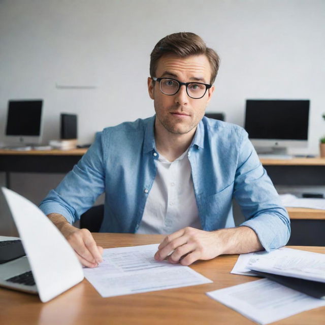 A focused office worker in smart-casual attire is sitting at a desk filled with paperwork and tech gadgets