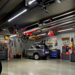 An interior view of a spacious home garage with various tools, a shiny car, and bright overhead lighting