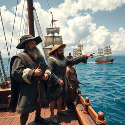 An exciting historical scene depicting Antonio Pigafetta's first voyage around the world alongside Ferdinand Magellan, Enrique, and Juan Sebastián Elcano