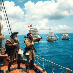 An exciting historical scene depicting Antonio Pigafetta's first voyage around the world alongside Ferdinand Magellan, Enrique, and Juan Sebastián Elcano