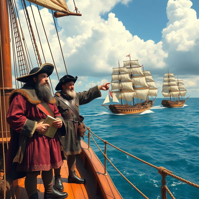 An exciting historical scene depicting Antonio Pigafetta's first voyage around the world alongside Ferdinand Magellan, Enrique, and Juan Sebastián Elcano