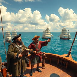 An exciting historical scene depicting Antonio Pigafetta's first voyage around the world alongside Ferdinand Magellan, Enrique, and Juan Sebastián Elcano